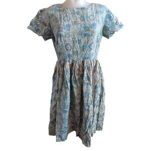 Vintage 9 1950s Dress MCM Script Print Pleated Waist 1of1 Handmade Green Rayon